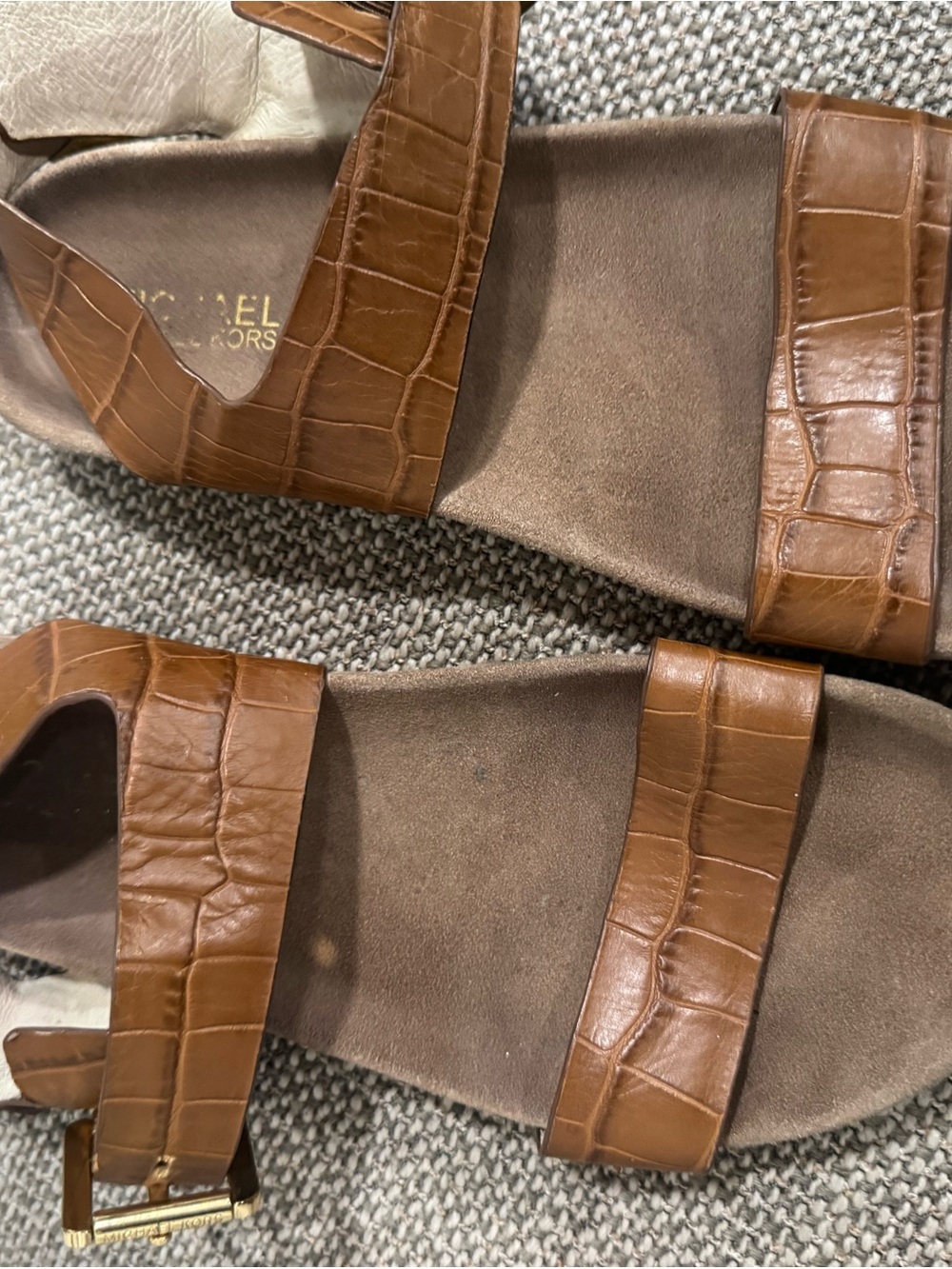 Michael Kors Tan Croc-Embossed Double-Strap Slide Sandals